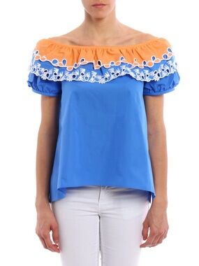 NWT Peter Pilotto Off The Shoulder Eyelet Ruffle Top Blue Orange Sz 10